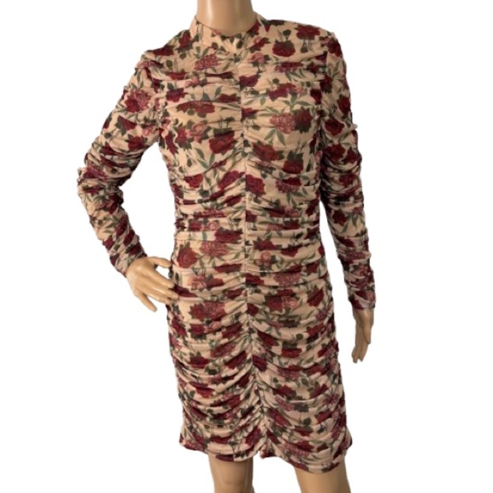 VENUS Cream/Red Rose Print Ruched Long Sleeve Dress Size L Fall 21’